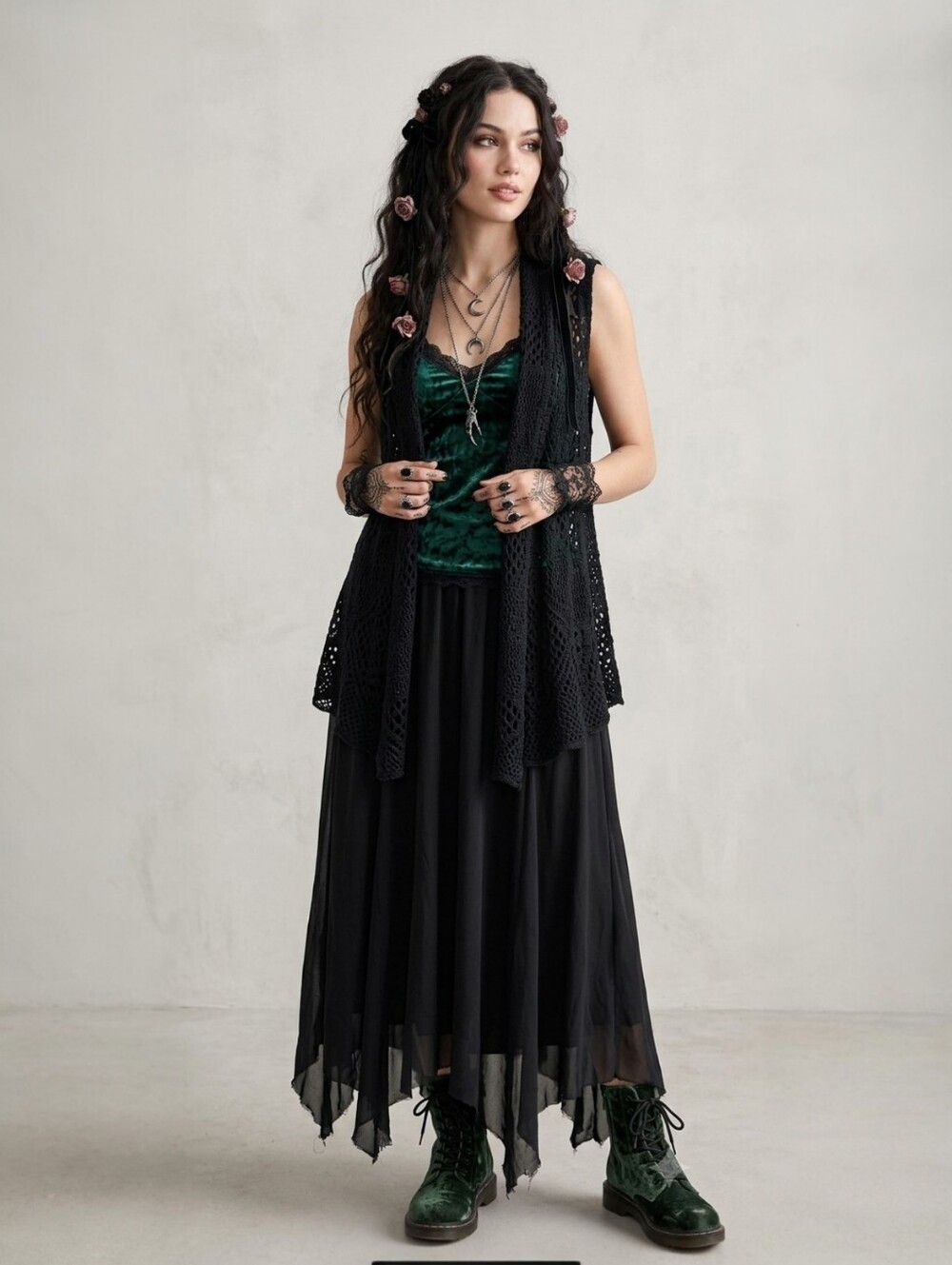 Xhilaration Black Crochet Open-Front Vest Dark Boho Whimsigoth L/XL